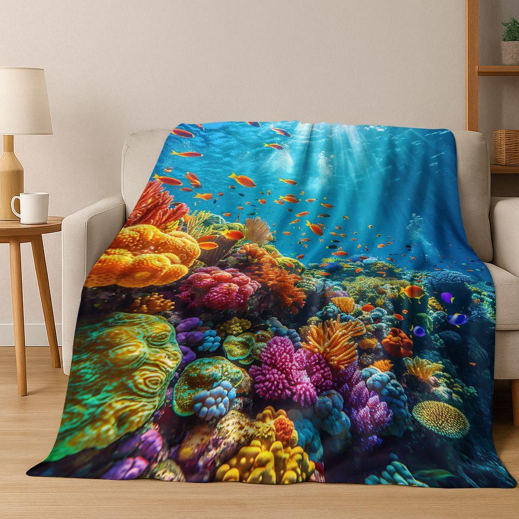 2026 New Underwater World Sea Dolphin Turtle Coral Art Flannel Blanket,Cozy Soft Throw Blanket for Home Bedroom Bed Sofa Kids