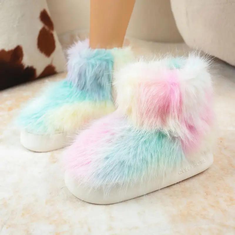 Fashion Mix Color Long Plush Snow Boots Women Candy Color Non Slip Soft Cotton Snow Boots Women 2025 Thicken Warm Faux Fur Shoes