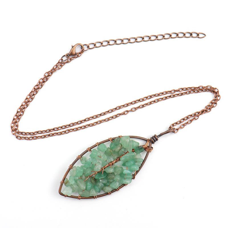 Handmade Winding Curved Leaves Natural Gravel Tree Of Life Crystal Lucky Tree Necklace N05