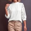 ZANZEA Women Elegant Hollow Lace Splice 3/4 Sleeve Loose Summer Stand Collar Blouse