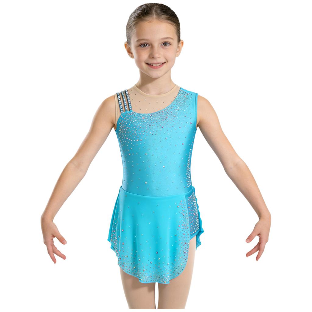 Girls Rhythmic Gymnastics Costume Sparkling Rhinestone Mesh Patchwork Sleeveless Dress with Built-in Briefs for Stage Competition