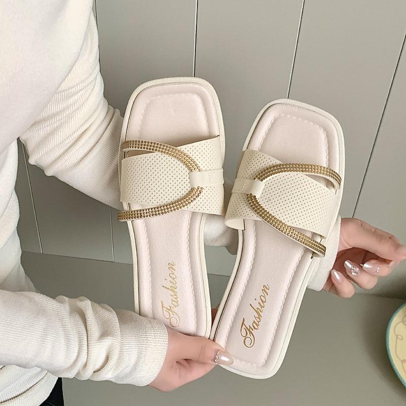 

Women s Square Toe Slide Sandals Rhinestone Decor Casual Slippers Breathable Perforated Flat Shoes for Summer 36 белый