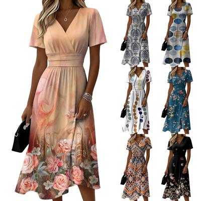 Ladies' Floral Casual Fashionable Short Sleeved V-neck Dress