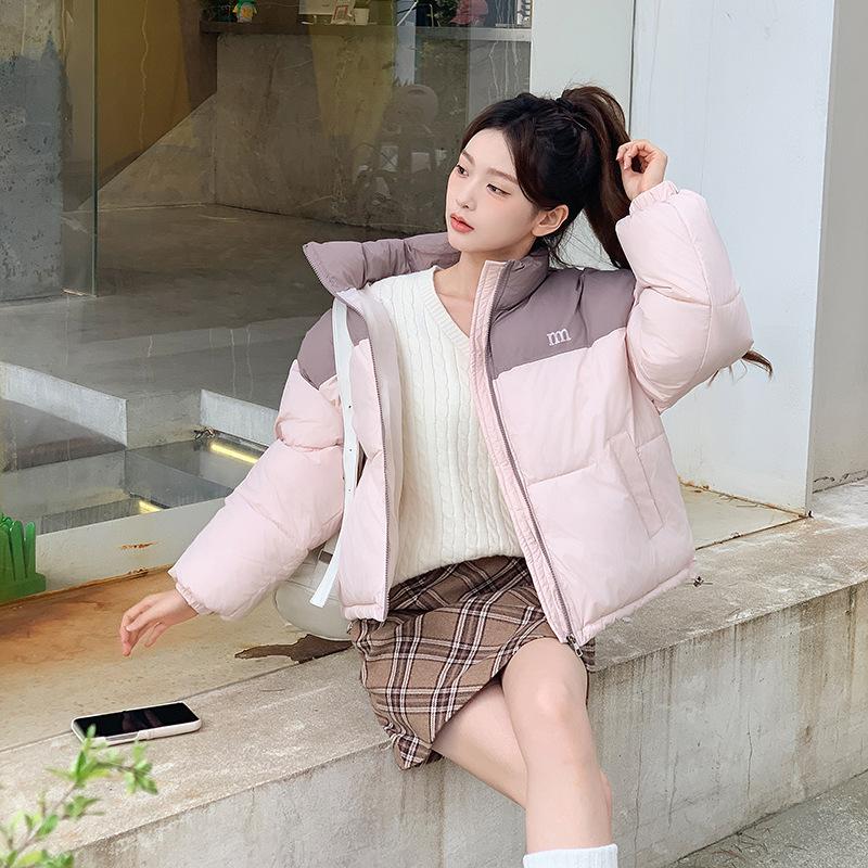 Down cotton jacket women's short 2025 autumn/winter Korean version of the bread jacket thickened loose color-blocking stand-up collar jacket