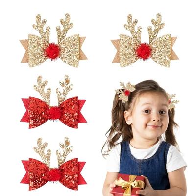 2/4pcs Christmas Elk Ear Bow Hair Clip Glitter Gold Red Hairpin Women Girls Headdress New Year Party Barrettes Cosplay Headwear