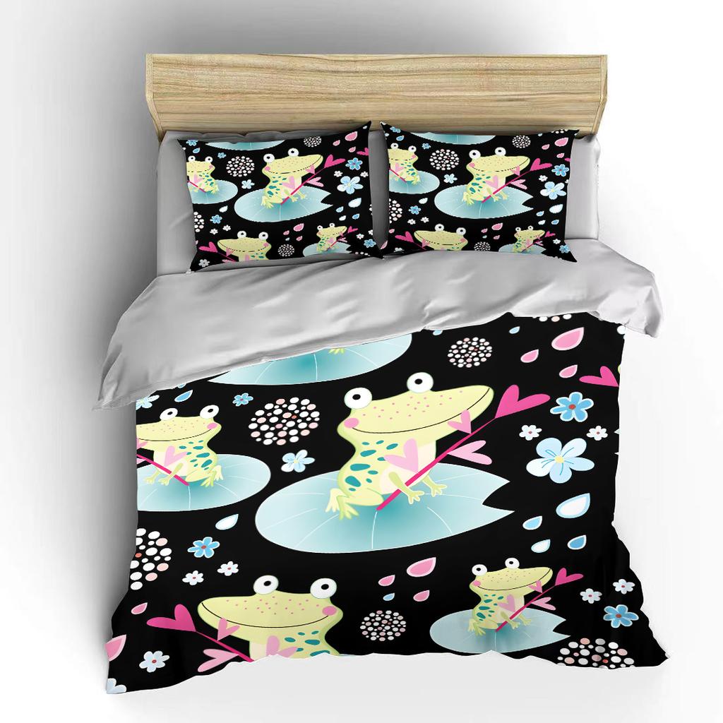 Cartoon Frogs On Lily Pads Bedding Set for Kids Luxury Gift 3pcs Digital Print Comforter Set Soft Comfortable Breathable