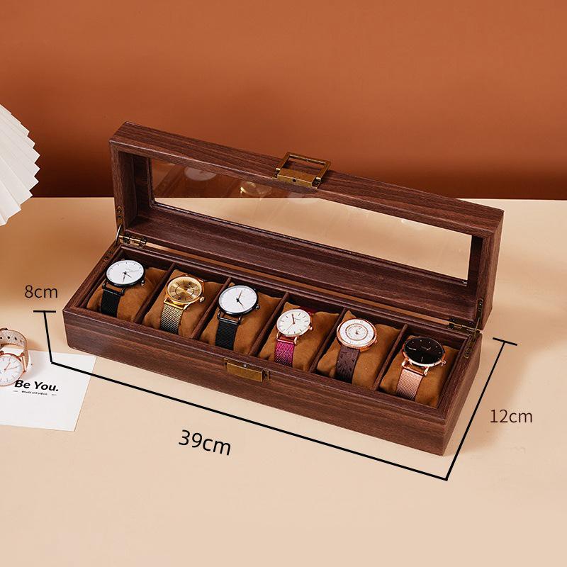 Exquisite Vintage Wood Grain Leather Watch Box with Dustproof Glass Lid for Wristwatch Display and Storage.