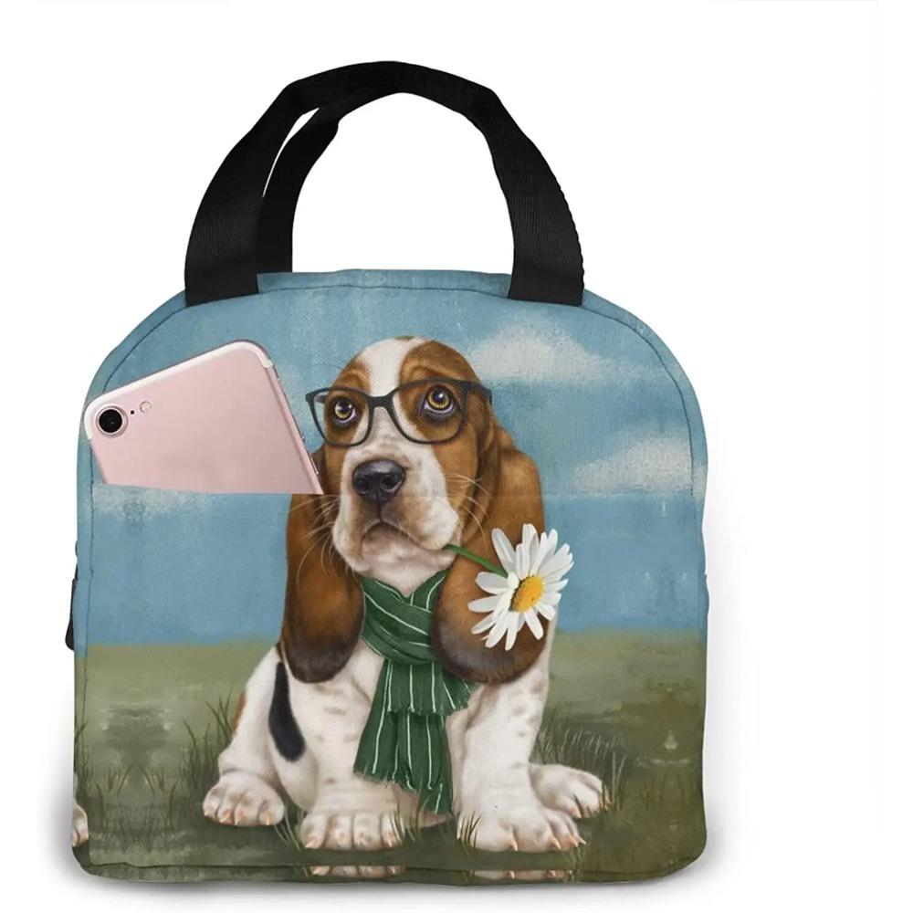 

Basset Hound Dog Portable Lunch Bag Женская Водонепроницаемая Сумка-тоут Сумки через плечо Коробка Маленькие сумки для пикника Офис Школьный ланч-бокс Сумка 22x20x13CM бежевый