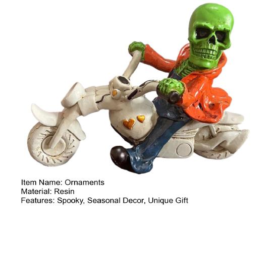 Unique Motorcycle Enthusiast Gift Halloween Skeleton Riding Figurine, Gothic Spooky Statue for Home Gifts Skull Collectors Garden, Resin Biker