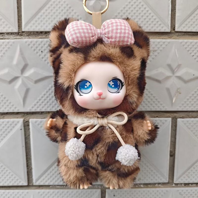 Cute Big Eyes Plush Keychain Soft Fluffy Faux Fur Checkered Bow Doll Pendant for Purse Decoration Girls Gift