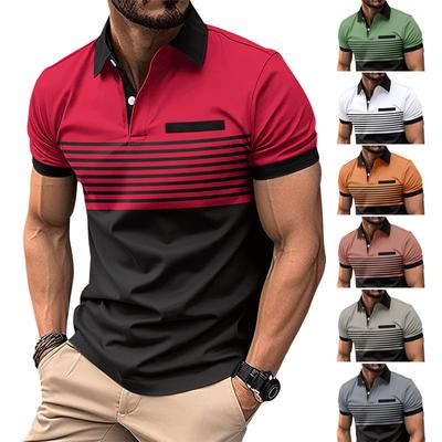 Neues Herren-Poloshirt mit lässiger Brust, falschen Taschen, bedruckten Streifen und Farbblockierung