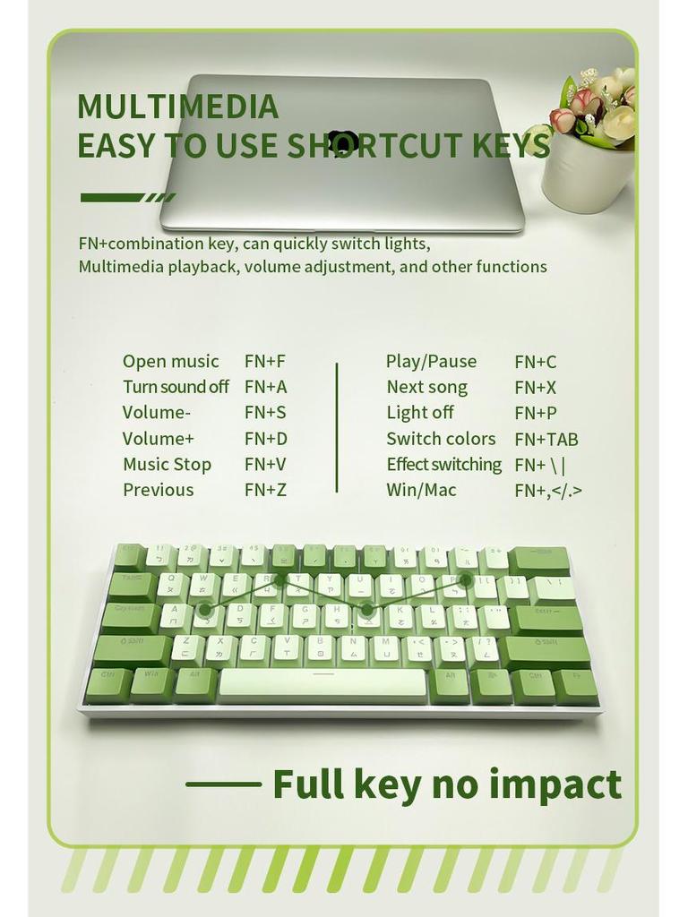 Taiwan Matcha Themed H61 Mini Mechanical Keyboard with Blue Switches, Wired/Wireless, Hot-Swappable, Traditional Chinese Pinyin Layout
