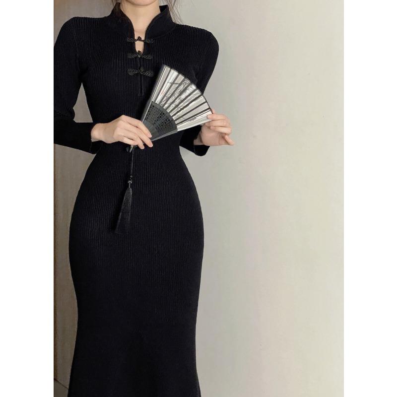 Retro Black Knitted Gentle and Light Royal Sister Dress Niche Design Slim and Thin Temperament