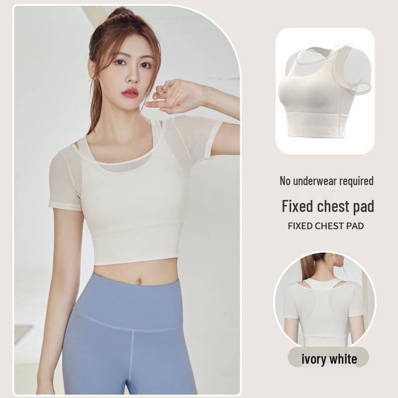 

Женский сетчатый дышащий костюм для йоги из двух частей с нагрудником - спортивный топ с коротким рукавом S