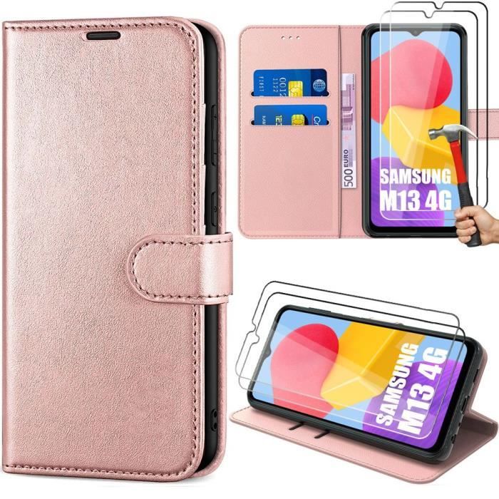 Coque - Samsung - Galaxy M13 - Effet Cuir Rose - 2 Verres Trempés - Support de Visionnage