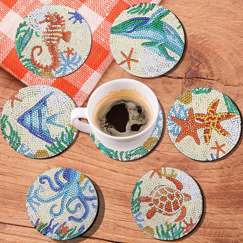 8-piece DIY Marine Animal Print Diamond Art Painting Coasters Wooden Coasters Living Room Office Bar Restaurant