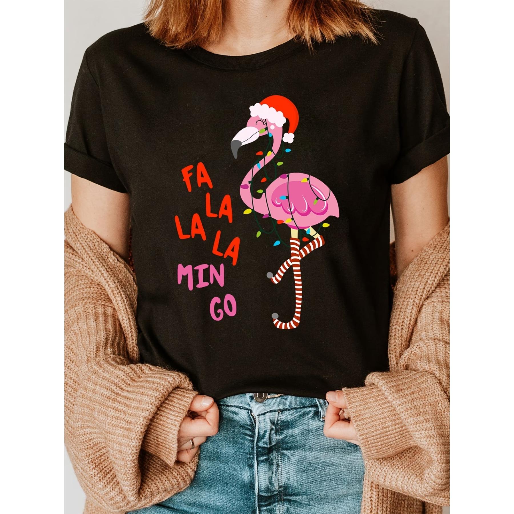 

Футболка с принтом фламинго Y-Christmas Lights, повседневный топ с коротким рукавом и круглым вырезом для лета и весны, S чёрный