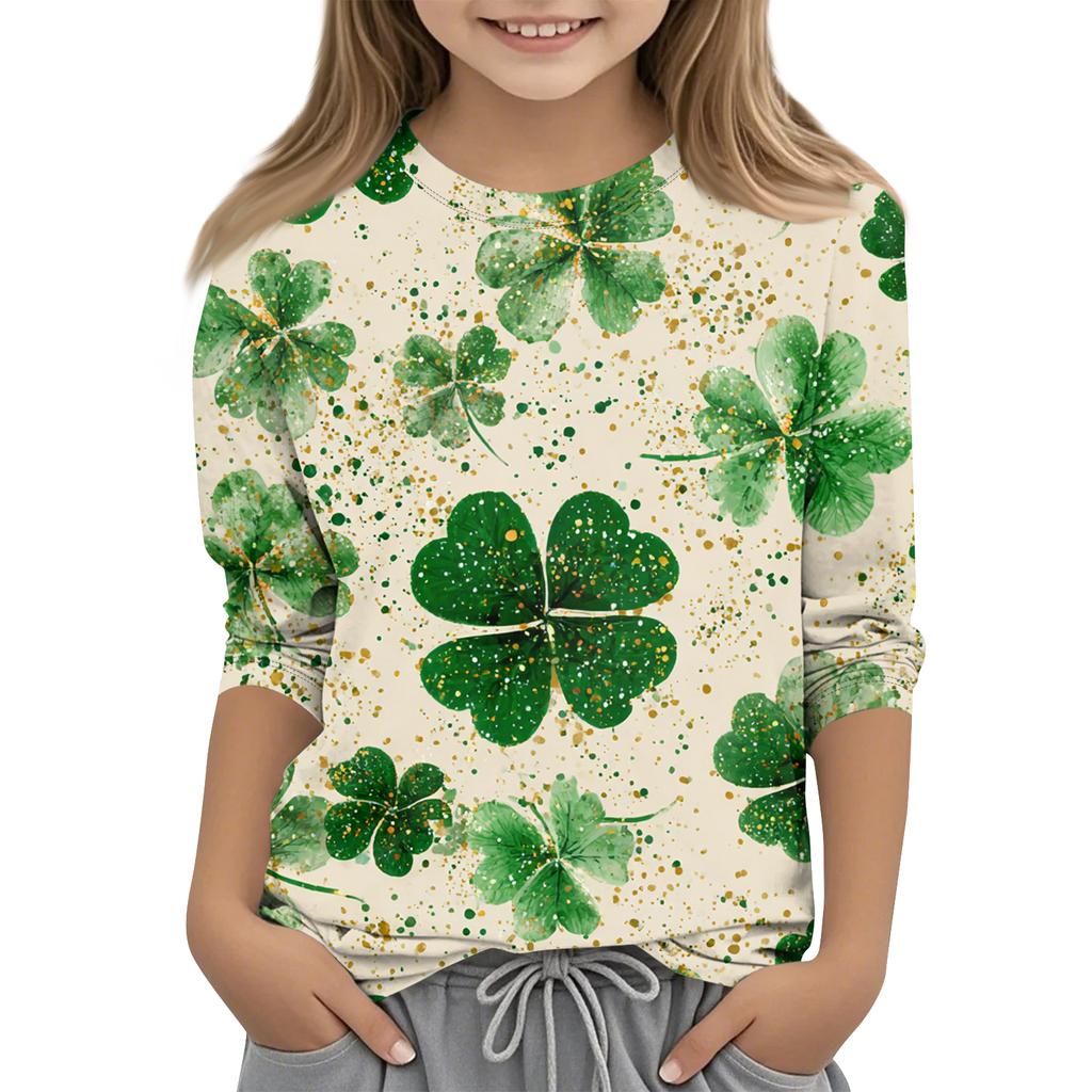 St. Patrick's Day Print Tops For Youth Girls 4-11 Years Round Neck 3/4 Sleeves T-Shirts Trendy Tops Outfit Tees