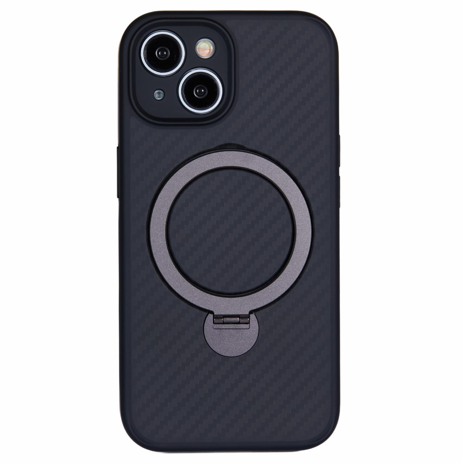 

For iPhone 15 Case TPU+PC Carbon Fiber Texture Phone Cover with Rotatable Magnetic Kickstand A