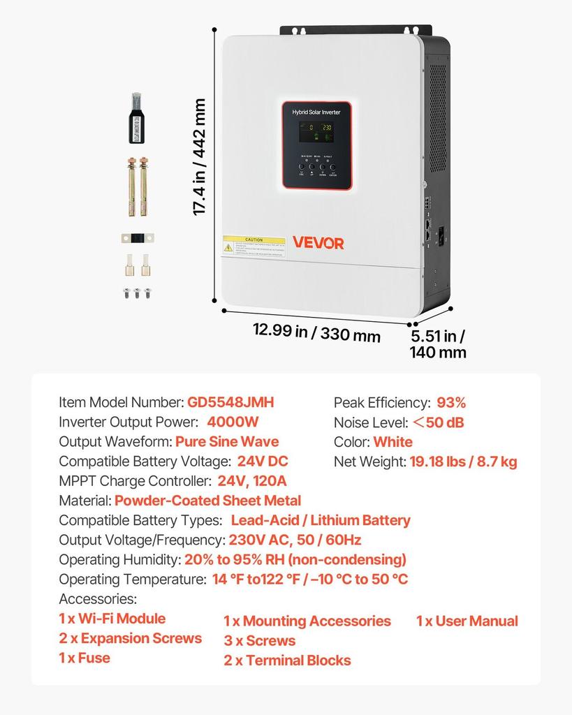 4000W hibridinis saulės keitiklis, 24V DC į 230V AC, grynos sinusinės bangos galios keitiklis įkroviklis, su integruotu 120A MPPT saulės valdikliu, WiFi moduliu,