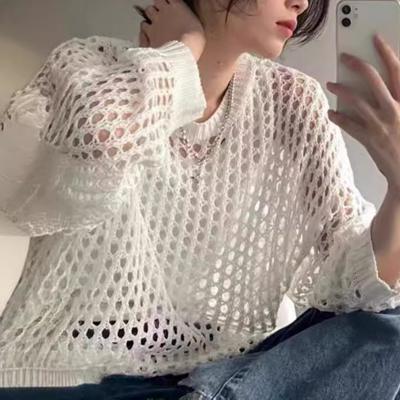 Frühling und Sommer Neue Strickpullover Hohl, Sonnenschutz Damen Dünn, Lose Nische Chic Drapieren Langarm Smock Tops