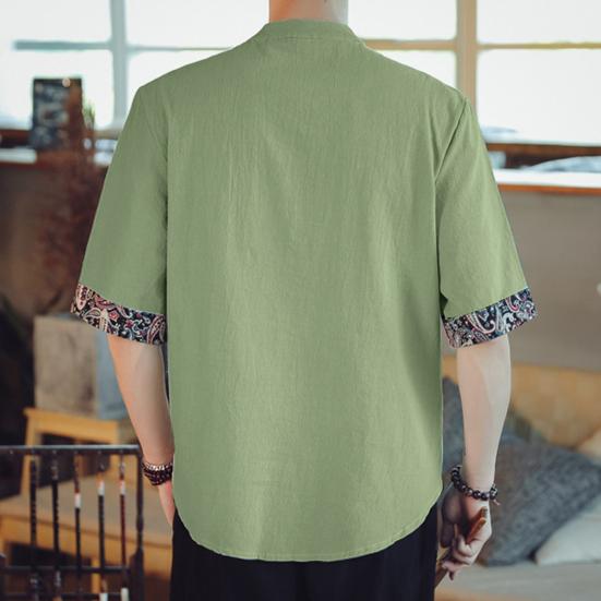 Pánské tričko s stojáčkem, čínský vintage styl, jednobarevný tištěný vyšívaný volný poloviční rukáv, měkké, plus velikost