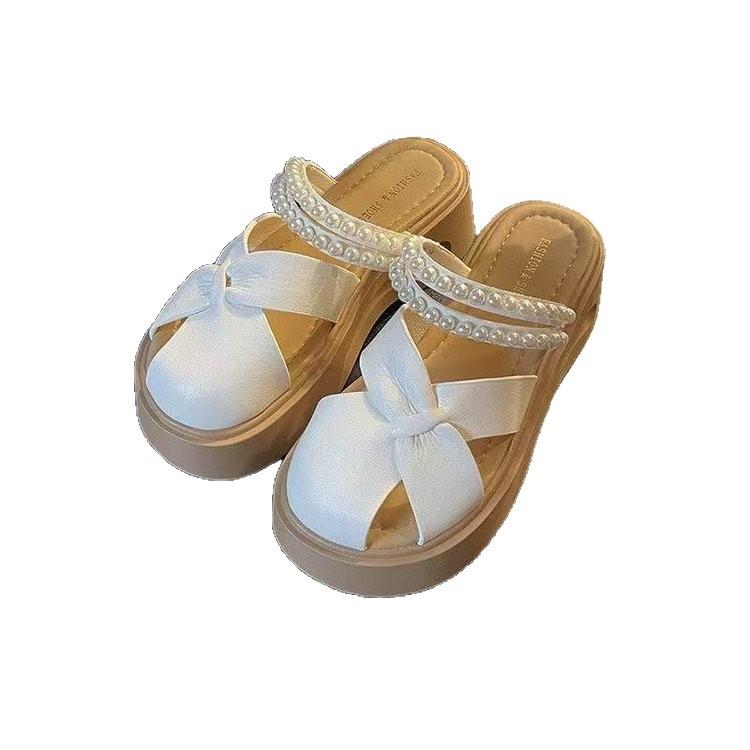 Popular Muffin Bottom Bag Head Slippers Women's 2025 Summer New Out Pearl String Chain Lightweight Versatile Comfortable Slippers