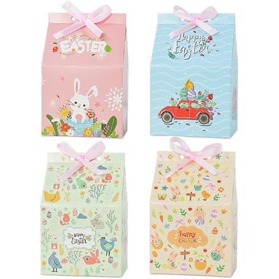 12pcs House Shape Easter Gift Box Cartoon Rabbit Egg Candy Cookie Packing Box Happy Easter Party Decoration Supplies with Ribbon
