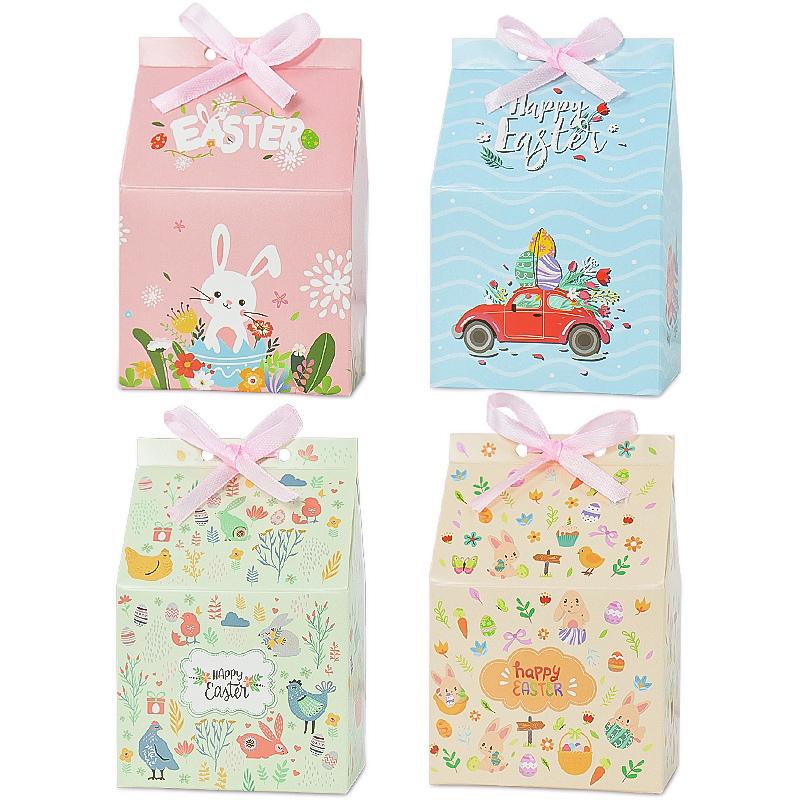 12pcs House Shape Easter Gift Box Cartoon Rabbit Egg Candy Cookie Packing Box Happy Easter Party Decoration Supplies with Ribbon