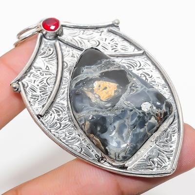Natural Maligano Jasper, Garnet Gemstone 925 Sterling Silver Pendant 2.96" L3A11