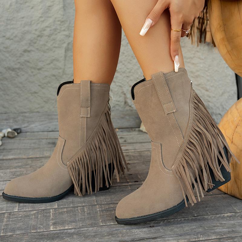 Cizme Cowboy Western Retro cu Ciucuri din Piele Suede Femei 2025 Iarnă Sexy Vârf Ascuțit Toc Înalt Cizme Glezna Botine Scurte de Designer pentru Femei