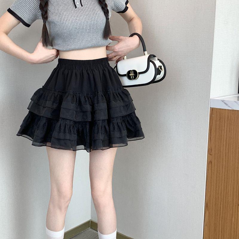 2024 Women's High Waist White Lace A-line Mesh Puffy Ballet Skirt