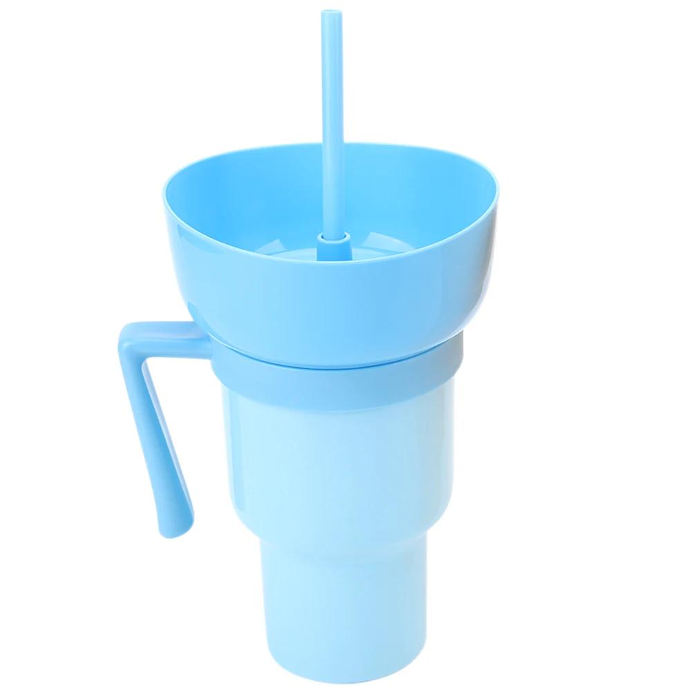 Stadium Tumbler Popcorn Drink Cola Cup 2 In 1 Snackies Cup Portable Splash Snack Bowl Chicken Storage Bowl with Handle Straw Cup