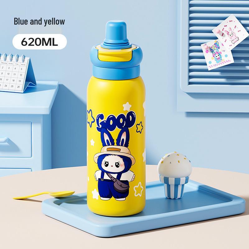 Cartoon Plush Double-Walled Stainless Steel Thermos - Cute, Large Capacity, Insulated, Portable Water Bottle 620ML