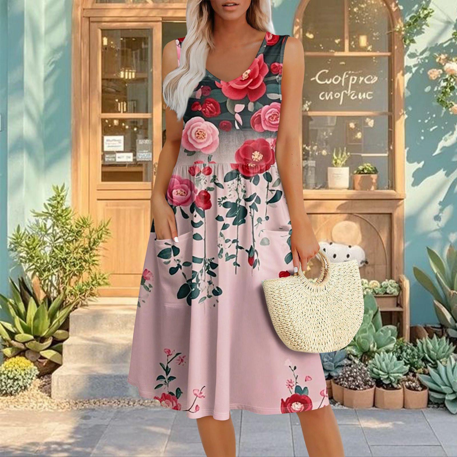 

Summer Casual Midi Dresses For Women Vocation Elastic Waist Sleeveless Knee Length Sundress With Pockets Loose Fit XXL червоний