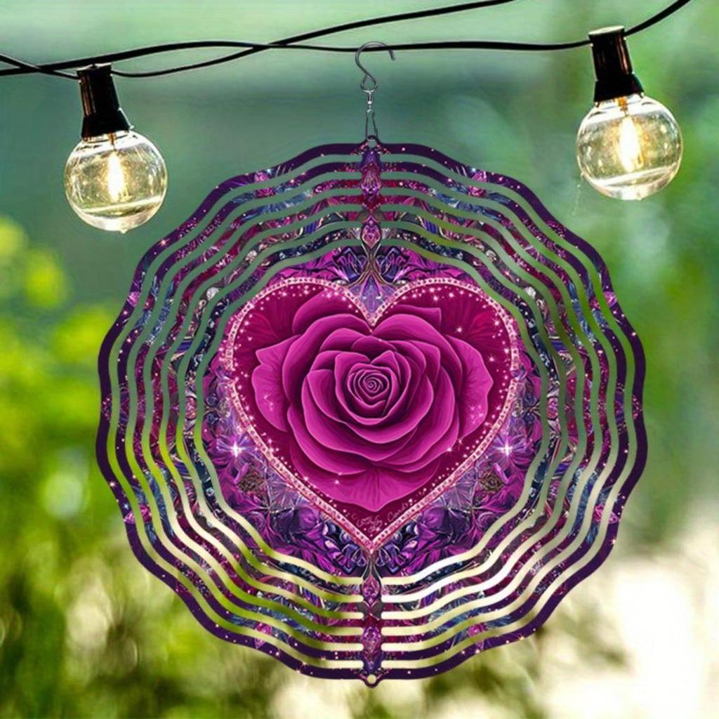Elegant 2D Mandala Wind Chime - Romantic Pink Rose Metal Design, Outdoor Garden Decor with Soothing Wind-Powered Chimes for Patio
