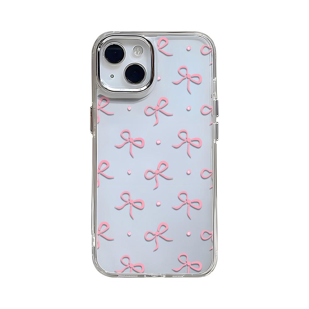The Pink Bow Is Suitable for iPhone17ProMax Mobile Phone Soft Case Apple 16 Metal Buttons 15 Niche Delivery.