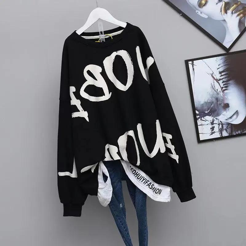 Cotton Hoodies for Women Long Loose Sweatshirt Sweaters Long Sleeve Loose Jumpers Fake Two Piece Hoodies Top