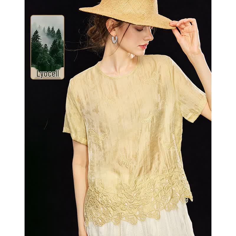 Wudao Women s Tencel Blend Butterfly Embroidered T-Shirt M