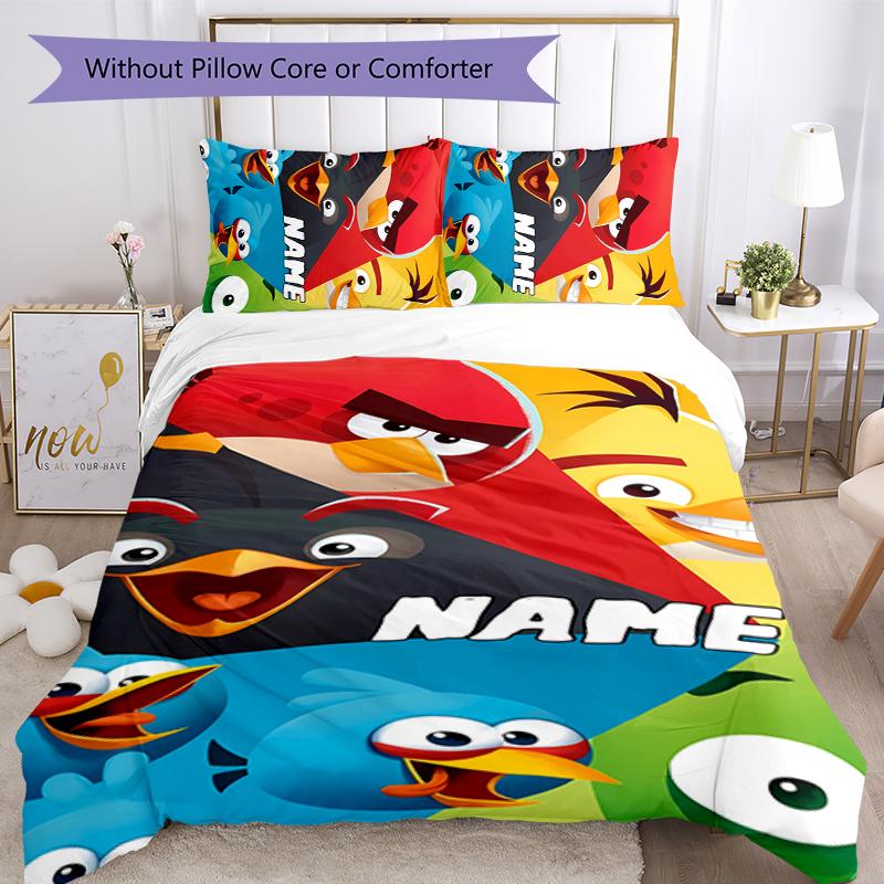 3pcs Custom Name Angry Birds game Bedding Set Duvet Cover Closure Includes 1 Duvet Cover & 2 Pillowcases for All Seasons Bedroom Decor