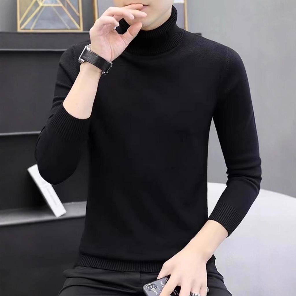 Men's Black High Neck Knit Sweater - Slim Fit Winter Outerwear