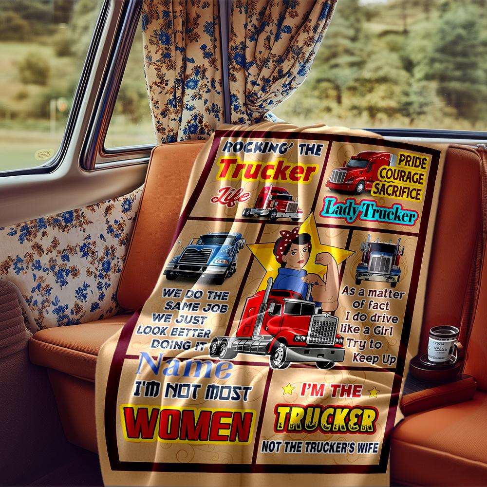 Lady Trucker Red Truck Yellow Star Blanket Personalized Name Soft Comfortable Stylish Blanket Car Blanket Perfect For Travel Camping Outdoor Home