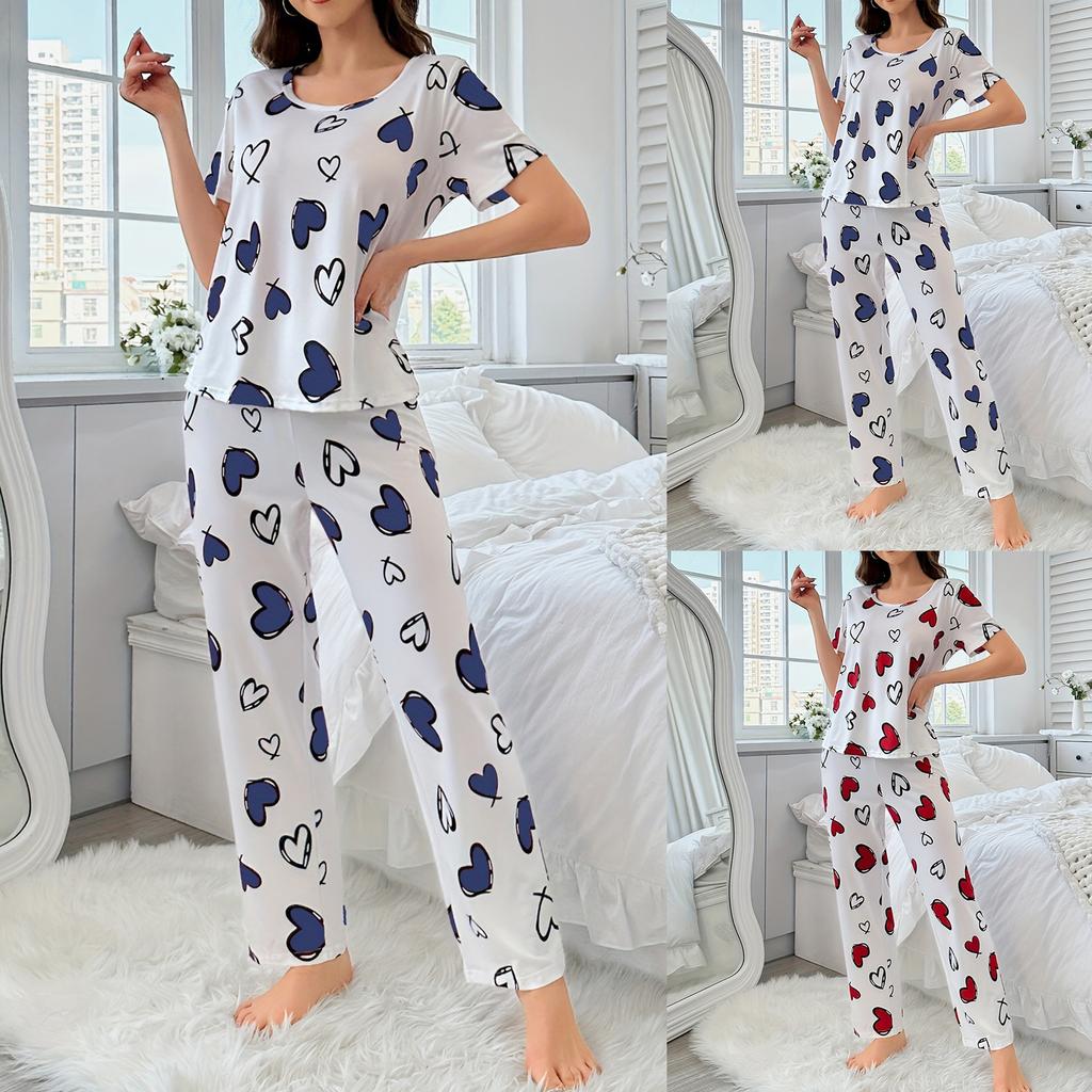 Women's Sleepwear, Short Sleeved Pants, Comfortable Heart Printed Casual Home Suit Set, Sleepwear Suitable For Women To Wear Outside
