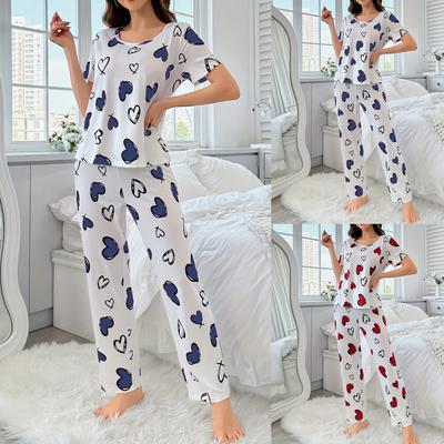 Women's Sleepwear, Short Sleeved Pants, Comfortable Heart Printed Casual Home Suit Set, Sleepwear Suitable For Women To Wear Outside