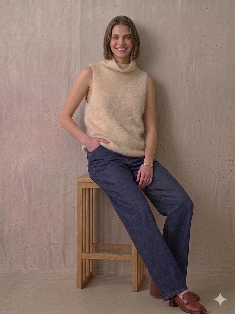 Autumn/Winter High Neck Sleeveless Vest: 5% Cashmere, 5% Silk Wool Blend