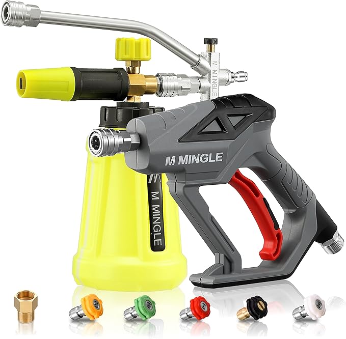 M MINGLE High Pressure Washer Gun with Foam Cannon, Foam Cannon Dual Connector Accessory, Car Wash Foam Gun Kit 1/4 Inch Quick C жёлтый