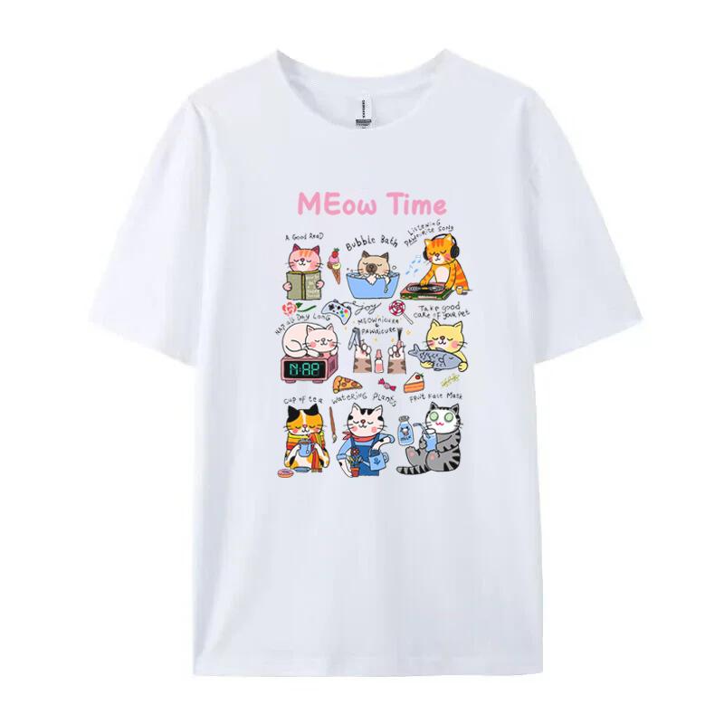 

Cute Meow Time Graphic Tops Aesthetic Kitten Pattern Shirt Women Loose Cotton Cottagecore Clothing 90s Retro Cat Lover Tshirts S