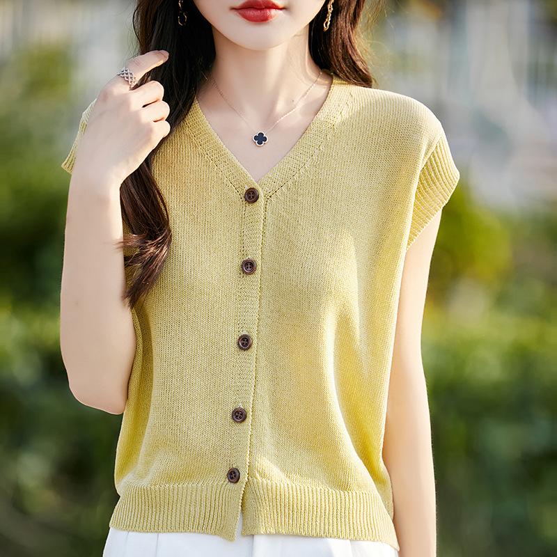 Linen V-neck Knit Cardigan - Women's Short Sleeve, Summer 2026, Solid Color, Loose Fit.
