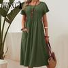 HNXC Abito Estivo Donna Taglie Forti Lungo Monocolore Cotone Lino Girocollo Tasche Pieghettato Manica Corta