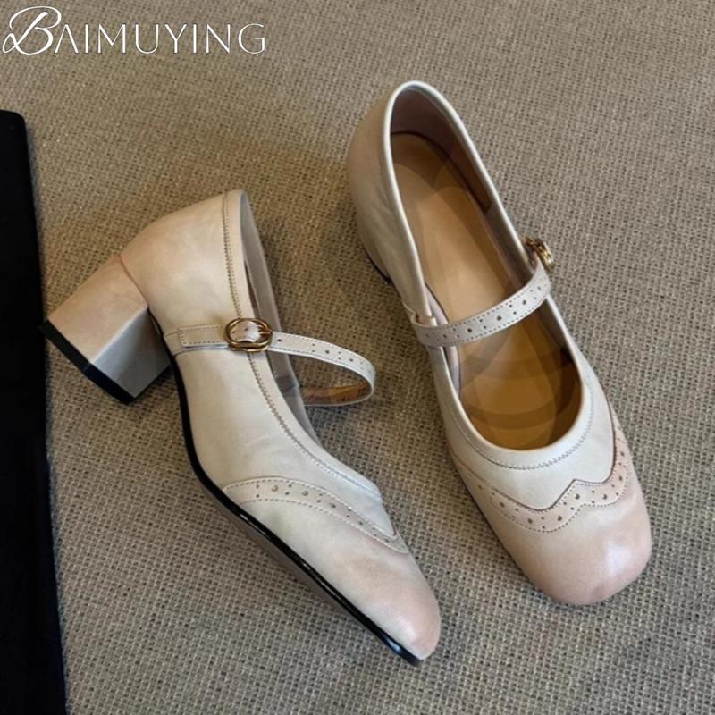 Fashion Ballet Marie Janes High Heels Shoes Women Square Toe Sandals Summer 2025 Shallow Retro Dress Trend Soft Leather Chunky Pumps